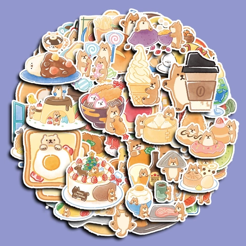 Süße Cartoon Shiba Inu Hund Essen Aufkleber Handbemalt Aquarell Ästhetische Decals Für Scrapbooking Journaling Handyhülle DIY Dekoration