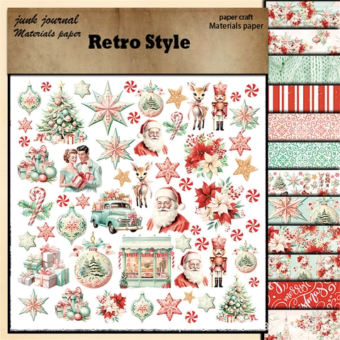 12 Φύλλα Vintage Χαρτί Scrapbooking Χριστουγέννων Ρετρό Σχέδια Άγιος Βασίλης Τάρανδος Χαρτόνι για Διακόσμηση Ημερολογίου DIY