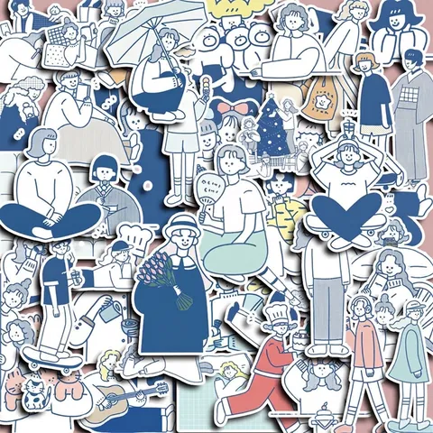 Niedliche Cartoon Mädchen Aufkleber Ins Stil Blau Weiß DIY Scrapbooking Aufkleber Für Journal Handy Laptop Schreibwaren