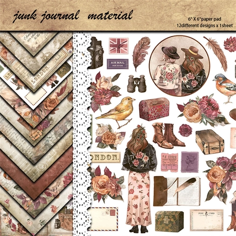 Vintage Junk Journal Material Cardstock Pad Retro Floral Travel Theme Decorative Scrapbooking Paper For DIY Arts Crafts