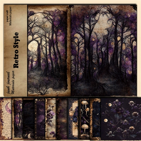 Vintage Gothik Lila Magie Material Papier Set Für Scrapbooking Junk Journal Pilz Totenkopf Mondphase DIY Bastel Dekoratives Papierpad