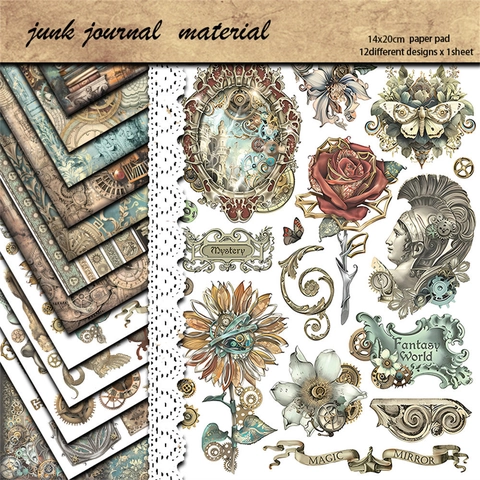 Bloc de Papel de Material Steampunk Vintage Cartulina 135gsm Para Scrapbooking DIY Junk Journal Papel Decorativo Mecánico Floral Para Arte Artesanía Collage