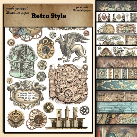 Bloc de Papel de Material Steampunk Vintage Cartulina 135gsm Para Scrapbooking DIY Junk Journal Papel Decorativo Mecánico Floral Para Arte Artesanía Collage