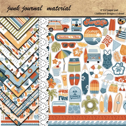 Summer Retro Scrapbooking Paper Set Vintage Vacation Vibes Cardstock Decorative Background Paper Pad For DIY Crafts