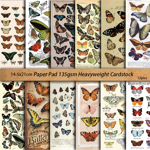 Vintage Schmetterling Welt Scrapbooking Material Papier 12 Blatt Retro Insekten Karton Für DIY Journaling Basteln Dekor