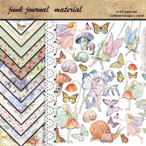 Blocco di Carta per Scrapbooking Vintage Magical Land Modello Fata Fungo Farfalla per Junk Journal Fai da Te Arredamento