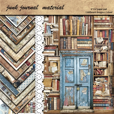 Papel de Material de Diario de Biblioteca Retro Cartulina de Fondo de Scrapbooking para Manualidades DIY Patrón de Estantería Vintage Papel Decorativo