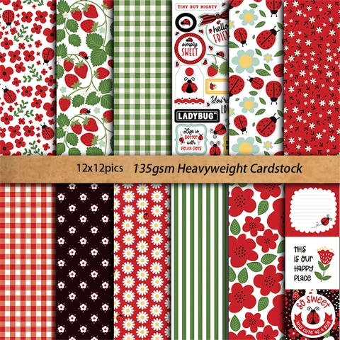 Papel de Scrapbooking Retro de Mariquita y Fresa Cartulina Pesada Para DIY Junk Journal Hand Account Material Decorativo Patrón Rojo Verde