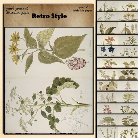 Juego de Papel de Material para Scrapbook Botánico Vintage Ilustración Floral Retro Cartulina Pesada para DIY Junk Journal Artesanía Decoración