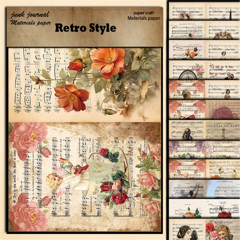 Vintage Musikpartitur Scrapbooking Papier Material Zwölf Blatt Retro Floral Porträt Dekoratives Papier Für DIY Art Journaling Handwerk