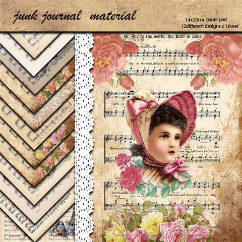 Vintage Musikpartitur Scrapbooking Papier Material Zwölf Blatt Retro Floral Porträt Dekoratives Papier Für DIY Art Journaling Handwerk
