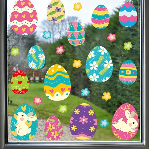 Colorful Easter Egg Window Stickers Rabbit Floral Pattern PVC Static Cling Holiday Home Decor Removable Decals For Glass