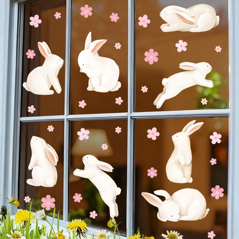 Osterhasen Fensterbilder Statische Kaninchen Glasaufkleber Frühling Kirschblüte PVC Decals Für Haus Deko Osterparty Dekoration