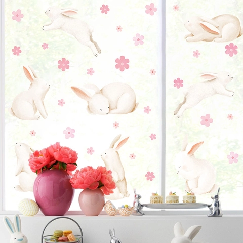 Osterhasen Fensterbilder Statische Kaninchen Glasaufkleber Frühling Kirschblüte PVC Decals Für Haus Deko Osterparty Dekoration