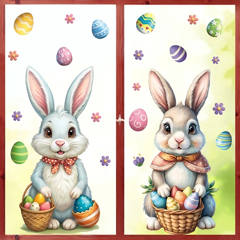 Cartoon Easter Bunny Rabbit Egg Static Window Stickers PVC Decorative Glass Stickers For Kids Room Fridge Festive Home Decor