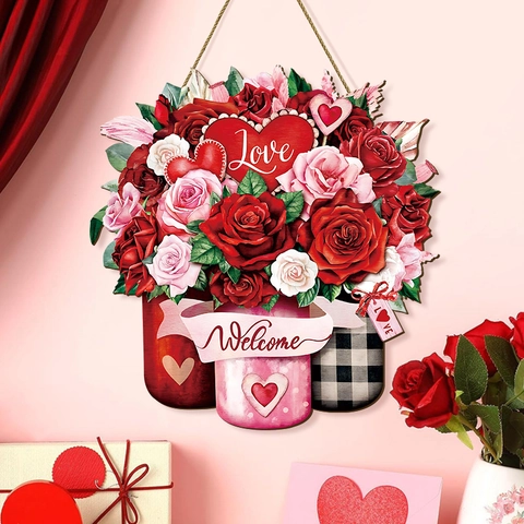 Valentinstag Holz Willkommensschild Herz Rose Blumen Türbehang Plakette Rustikale Bauernhaus Wanddeko Für Zuhause Party