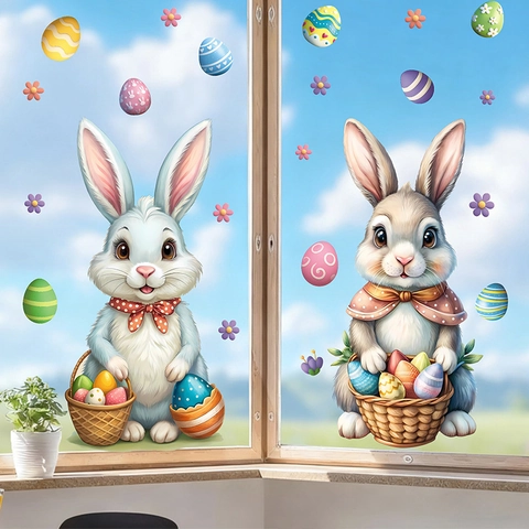 Cartoon Easter Bunny Rabbit Egg Static Window Stickers PVC Decorative Glass Stickers For Kids Room Fridge Festive Home Decor