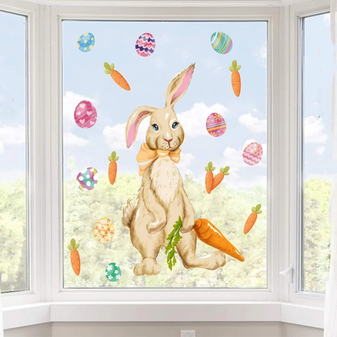 Pegatinas de Ventana de Pascua PVC Estáticas Conejo Dibujos Animados Huevos Coloridos Zanahoria Para Cristal Hogar