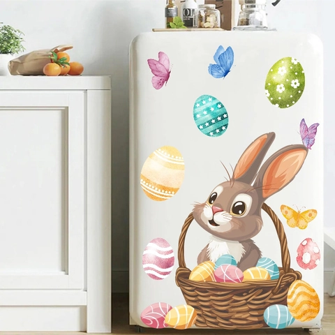 Ostern Hase Eier Fensterbilder Statisch PVC Aufkleber Für Glas Dekoration Karikatur Kaninchen Schmetterling Aquarell Heimdekor