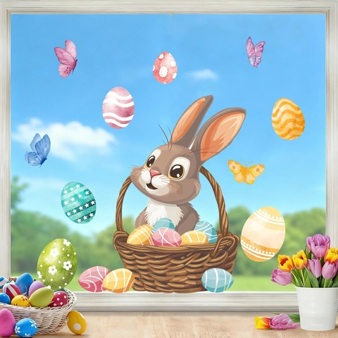 Ostern Hase Eier Fensterbilder Statisch PVC Aufkleber Für Glas Dekoration Karikatur Kaninchen Schmetterling Aquarell Heimdekor