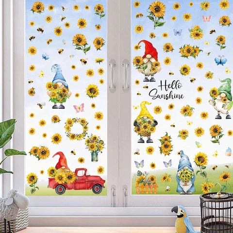 Sunflower Gnome Wall Stickers Cartoon Bee Flower Window Clings PVC Self Adhesive Decals For Kids Room Home Decoration