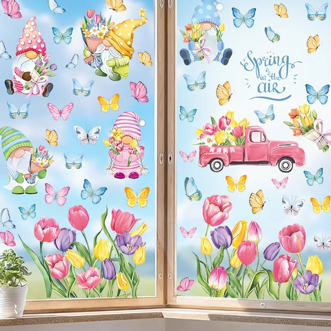 Frühlings Gnom Fensteraufkleber PVC Statisch Haftende Blumen Schmetterling Decals Für Glas Fensterdekoration Ostern Hausdeko Aufkleber
