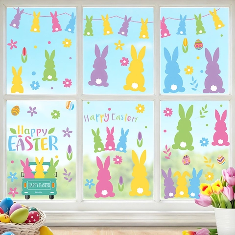 Pasen Vensterstickers Kleurrijke Paashaas Paaseieren Bloem PVC Statische Stickers Voor Kinderkamer Glas Decoratie