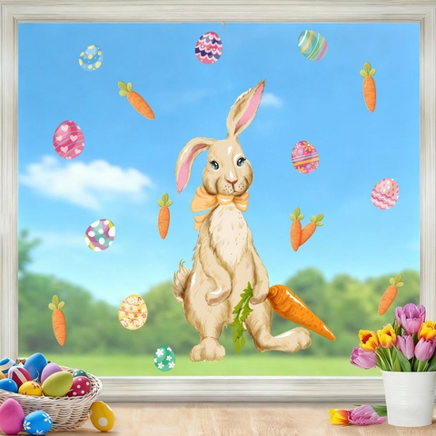 Pegatinas de Ventana de Pascua PVC Estáticas Conejo Dibujos Animados Huevos Coloridos Zanahoria Para Cristal Hogar