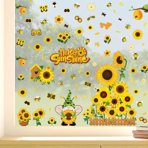 Sunflower Gnome Wall Stickers PVC Self Adhesive Hello Sunshine Decals For Living Room Bedroom Window Glass Decoration
