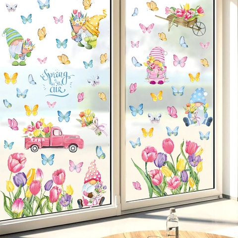 Frühlings Gnom Fensteraufkleber PVC Statisch Haftende Blumen Schmetterling Decals Für Glas Fensterdekoration Ostern Hausdeko Aufkleber