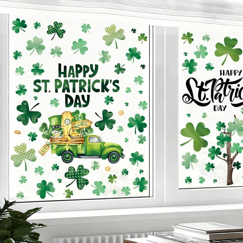 Vrolijke St. Patrick's Day Klaver Raamstickers Gelukkige Groene Vrachtwagen Muurstickers PVC Bedrukt Huis Feestelijke Decoratie