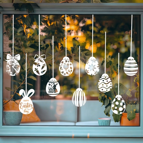 White Easter Egg Window Stickers PVC Static Cling Decals Rabbit Floral Pattern For Glass Door Showcase Holiday Home Decor