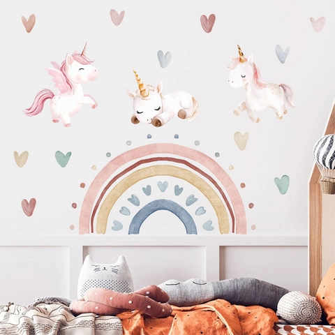Pegatinas de Pared de Unicornio y Arco Iris de Acuarela de Dibujos Animados PVC Autoadhesivas Extraíbles Para Dormitorio Infantil