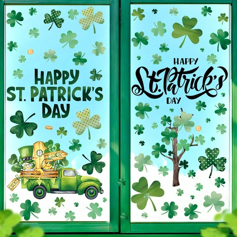 Vrolijke St. Patrick's Day Klaver Raamstickers Gelukkige Groene Vrachtwagen Muurstickers PVC Bedrukt Huis Feestelijke Decoratie