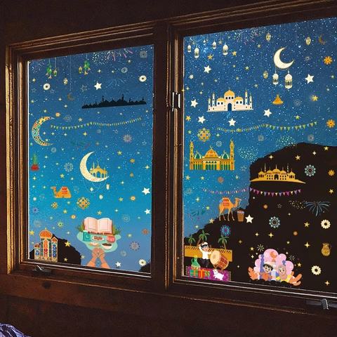 Eid Mubarak Ramadan Wandtattoo Goldfolie Mond Sterne Moschee Laterne Muster PVC Wasserdicht Haus Dekoration Aufkleber Wohnzimmer