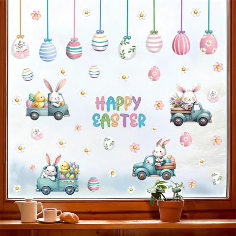 Ostern Hase Eier Fensterbilder Bunte Cartoon Kaninchen LKW Wandaufkleber Für Kinderzimmer Feiertag Party Dekoration