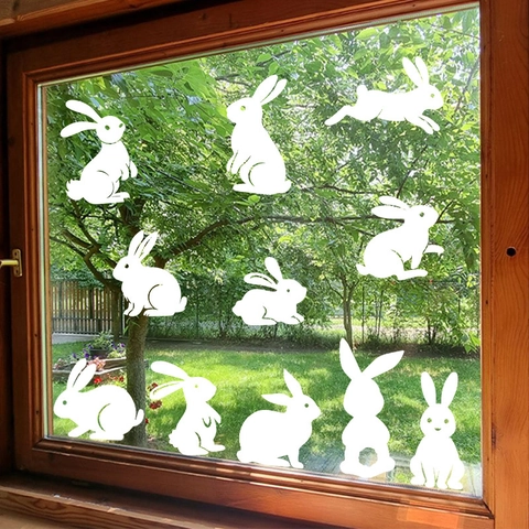 Pegatinas Estáticas de Ventana de Conejo Blanco de Pascua de PVC Dibujos Animados Calcomanías de Vidrio para Decoración del Hogar