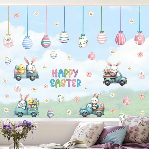 Ostern Hase Eier Fensterbilder Bunte Cartoon Kaninchen LKW Wandaufkleber Für Kinderzimmer Feiertag Party Dekoration