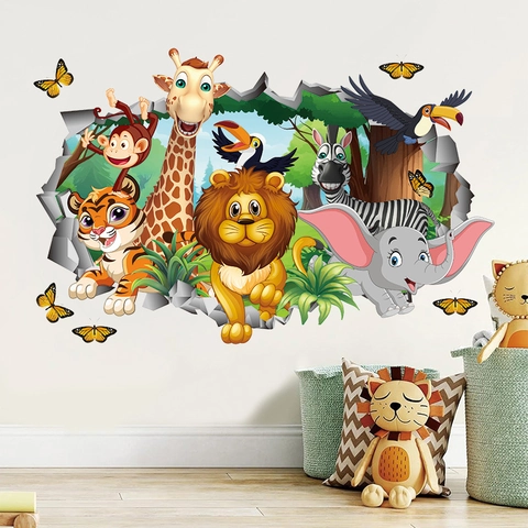 3D Cartoon Jungledieren Muurstickers PVC DIY Woud Leeuw Giraffe Olifant Verwijderbare Decals Voor Kinderslaapkamer Kleuterschool