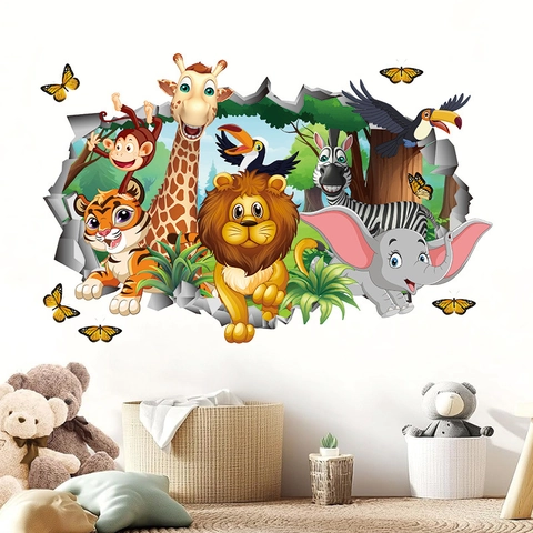 3D Cartoon Jungledieren Muurstickers PVC DIY Woud Leeuw Giraffe Olifant Verwijderbare Decals Voor Kinderslaapkamer Kleuterschool