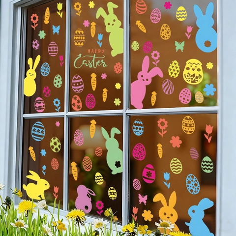 Ostern Fensteraufkleber Statisch Haftend PVC Hase Eier Karotten Muster Bunt Cartoon Glas Aufkleber Für Haus Urlaub Dekoration