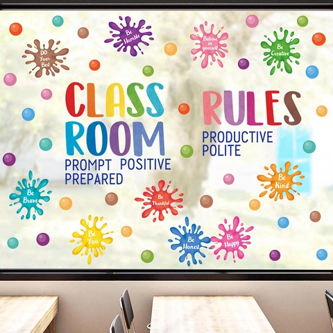 Classroom Rules Wall Decals Educational Inspirational Quotes Colorful Polka Dots PVC Self Adhesive Wall Stickers For Kids Room Kindergarten School Decorations