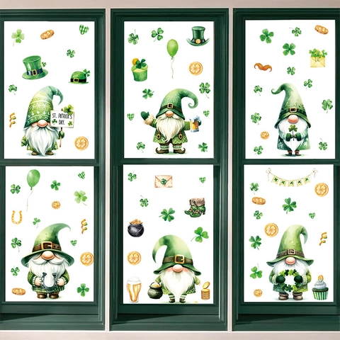 Saint Patrick Gnomes Autocollants de Fenêtre Trèfle Vert Pièces d'Or Stickers Statiques PVC pour Décoration de Vitrine