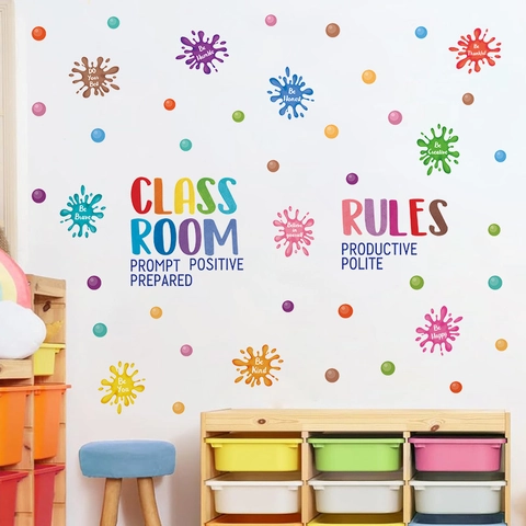 Classroom Rules Wall Decals Educational Inspirational Quotes Colorful Polka Dots PVC Self Adhesive Wall Stickers For Kids Room Kindergarten School Decorations