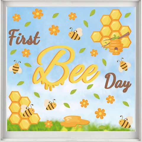 Cartoon Bee First Bee Day Wall Stickers PVC Sunflower Honeycomb Decals For Kids Room Nursery Birthday Party Home Decor