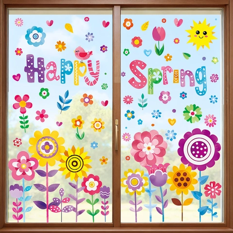 Frühlings-Fensteraufkleber Happy Spring Statische Aufkleber Bunte Schmetterling Sonne Dekore Für Glasfenster Hauswand-Aufkleber