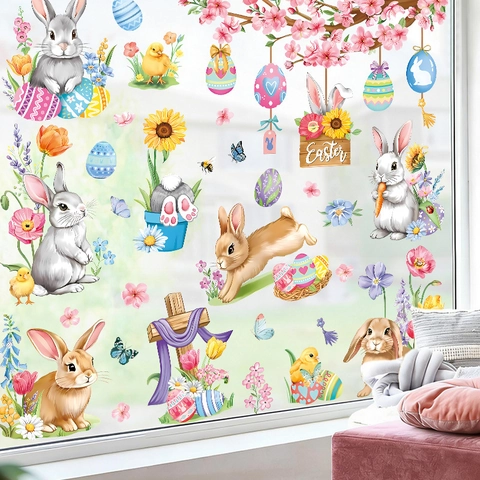 Pegatinas Estáticas para Ventanas de Pascua Conejo Huevos Coloridos Flores PVC Calcomanías para Hogar Vidrio Decoración Festiva