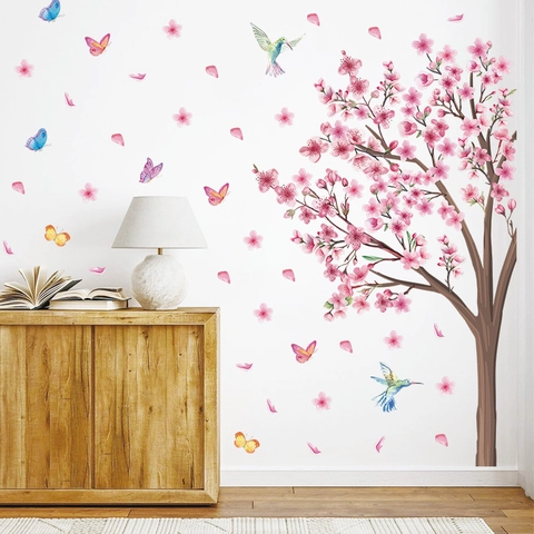 Grande Adesivo da Parete Albero di Ciliegio in Fiore Rosa Con Farfalle e Colibrì PVC Floreale Decalcomanie da Muro per Soggiorno Camera da Letto Decorazione