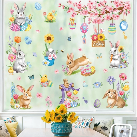 Pegatinas Estáticas para Ventanas de Pascua Conejo Huevos Coloridos Flores PVC Calcomanías para Hogar Vidrio Decoración Festiva