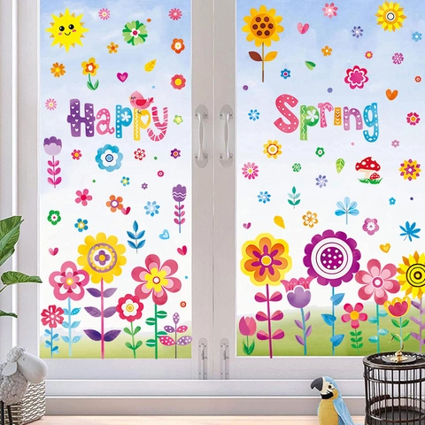 Frühlings-Fensteraufkleber Happy Spring Statische Aufkleber Bunte Schmetterling Sonne Dekore Für Glasfenster Hauswand-Aufkleber